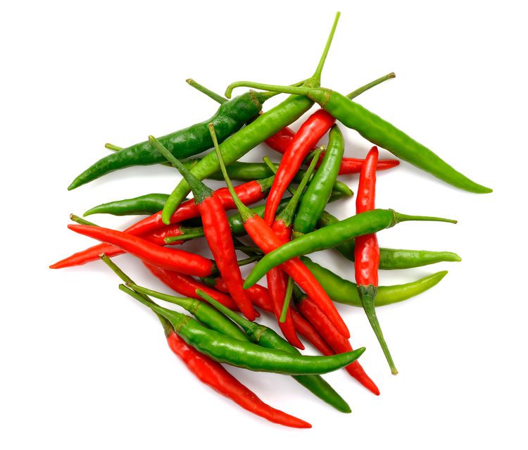 Red and Green Chili peppers on white background