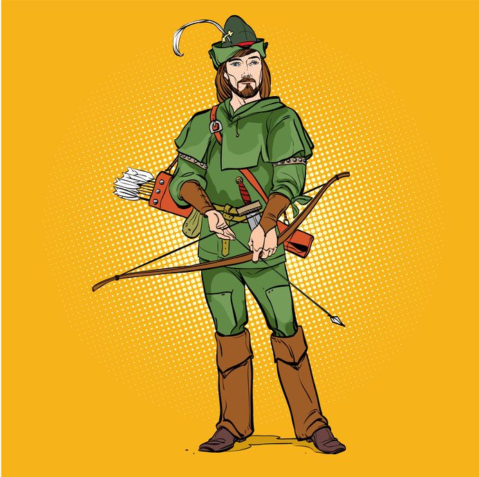 Robin Hood in a hat with feather. Young soldier. Noble robber. Defender of weak. Medieval legends. Heroes of medieval legends. Halftone background.