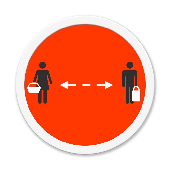 Isolated round Button with red color showing Distance between two people in supermarket