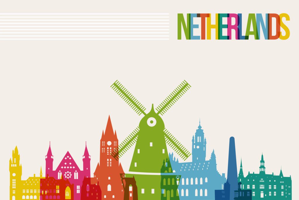 Travel Netherlands famous landmarks skyline multicolored design background. Transparency vector organized in layers for easy create your own website, brochure or marketing campaign.